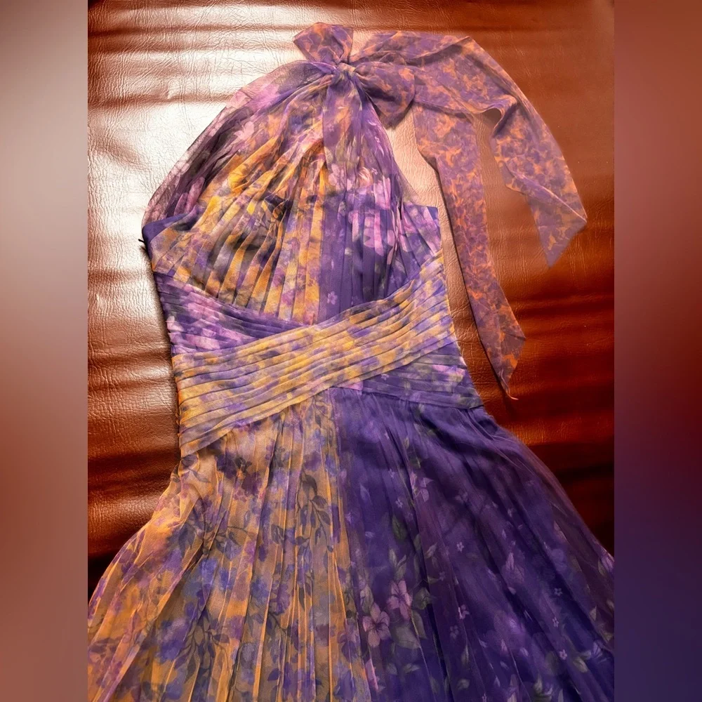 NWT MARCHESA NOTTE One-Shoulder Bow-Detail Tulle Gown In Navy. Size 12